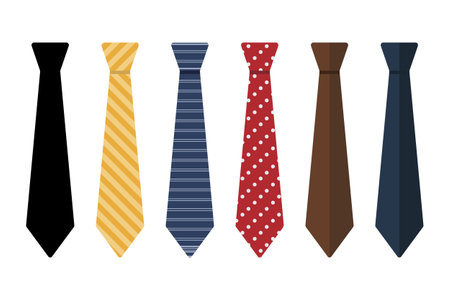 A row of vibrant, colorful ties featuring varying patterns on a clean, white background illustrationのイラスト素材