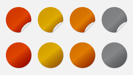 Set of eight glossy circular stickers featuring metallic textures in various hues, with some showing a distinct peeled corner effect on a clean white backgroundのイラスト素材