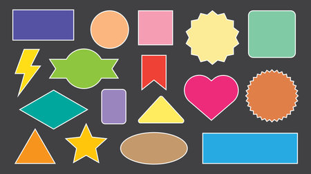 Colorful geometric shapes and abstract symbols are neatly arranged against a dark gray background, each with a distinct white outline Design elements include rectangles, circles, triangles, a heart, and a starburstのイラスト素材