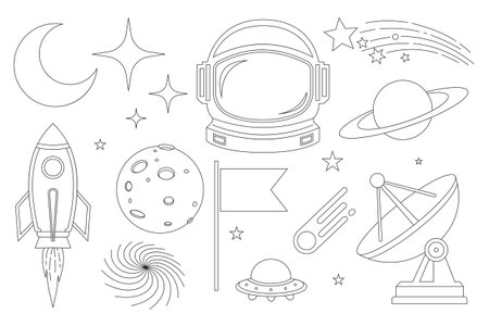 Outline illustrations of various cosmic elements, including planets, stars, rockets, and an astronaut helmet Perfect for coloring books or educational materialsのイラスト素材