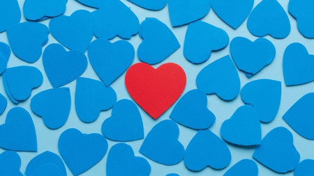 Title: showing title: single red heart surrounded by multiple blue paper cutout hearts on light background. resolution use.の素材