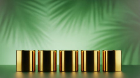 Error: Unsupported file format: D:/New folder/Sabbir/Adobe Stock File/NEW FILE/04/Whisk Downloads/Upscale\Title Six Gold and Black Reflective Cylindrical Cans on Gradient Green Background.jpgの素材