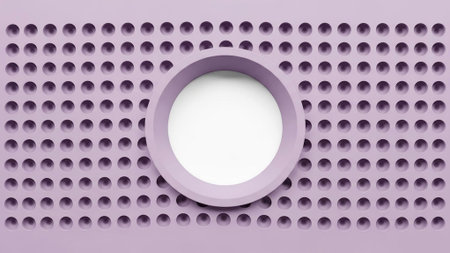 A smooth round white frame with a soft purple border centered on a light pink perforated background featuring evenly spaced circular holes in a grid pattern creating a subtle textured effectの素材