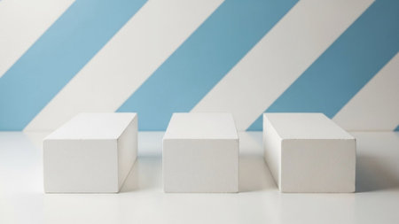 Title: showing title: threedimensionalwhitecubesarrangedinrowonlightbluegradientbackground. resolution use.の素材