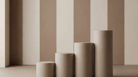 Title: showing title: minimalist arrangement of six neutral toned cylindrical vases on light surface. resolution use.の素材