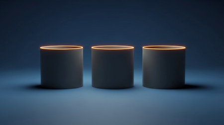 Title: showing title: three identical dark gray cylinders with glowing white tops on gradient blue background. resolution use.の素材