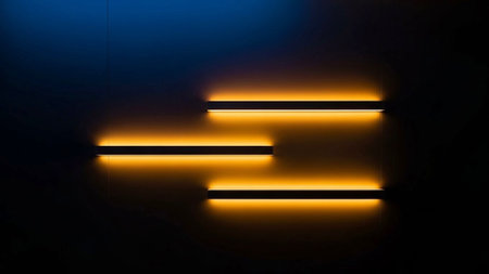 Title: showing title: glowing horizontal orange light streaks on dark gradient background. resolution use.の素材