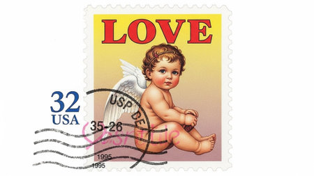 Title: showing title: vintage postage stamp of cherub with love text and usa denomination. resolution use.の素材