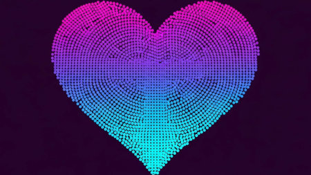 Title: showing title: glowing gradient heart shape with pixel dot pattern in purple blue and pink tones. resolution use.の素材