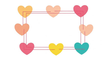 Title: showing title: nine pastel gradient hearts connected by horizontal lines in soft pink orange yellow teal. resolution use.の素材