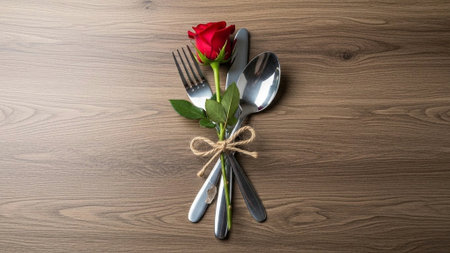 Title: showing title: silver cutlery set tied with twine and single red rose on wooden table. resolution use.の素材