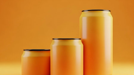Three empty golden aluminum cans of varying heights arranged in ascending order against a smooth gradient orange background. The cans feature a reflective metallic texture with glossy black tops...の素材