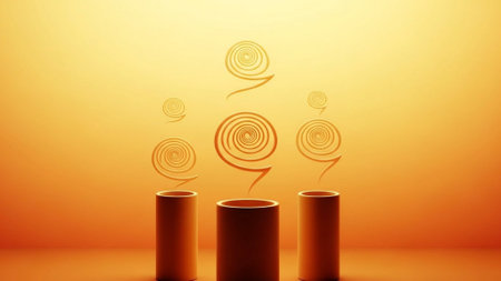 Title: showing title: three smart speakers with sound wave on warm orange gradient background. resolution use.の素材