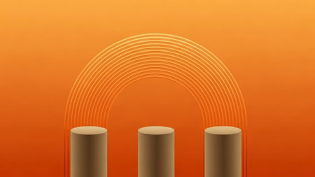 Title: showing title: threedimensionalwhitearchformingoverbrowncylindersongradientorangebackground. resolution use.の素材