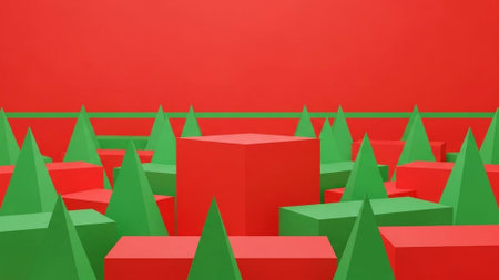 Title: showing title: geometric red and green 3d cubes and pyramids arranged on striped background. resolution use.の素材