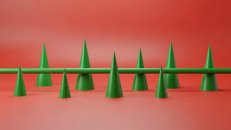 Eight identical green cones arranged in pairs above and below a horizontal green cylinder set against a smooth bright red gradient background creating a sense of balance and symmetryの素材
