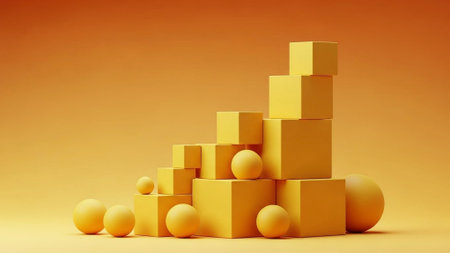 Title: showing title: minimalist golden yellow cubes and spheres arranged in balanced abstract composition. resolution use.の素材