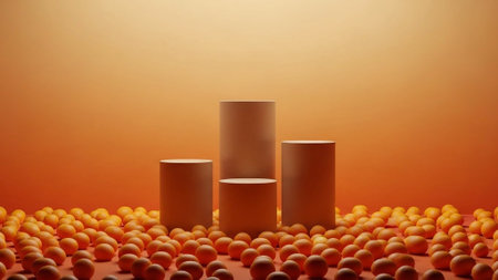 Title: showing title: three minimalist cylindrical speakers on orange gradient background with scattered popcorn. resolution use.の素材