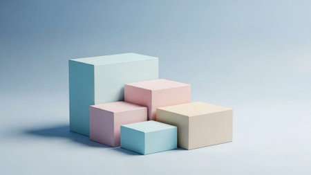 A set of six soft pastel 3D geometric cubes in light pink, pale blue, mint green, and beige arranged in an asymmetrical stack against a smooth light blue gradient background. The cubes cast...の素材