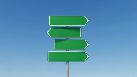 Four bright green right-pointing arrows arranged vertically in a descending stack against a smooth blue gradient background. The arrows rounded edges and a flat style with no additional details...の素材