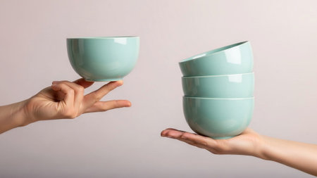 Title: showing title: hand balancing two stacked turquoise ceramic bowls against neutral background. resolution use.の素材