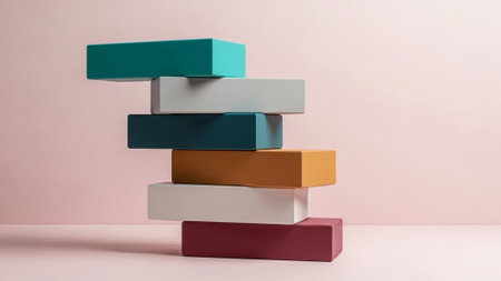 Title: showing title: stacked pastel colored rectangular blocks on soft pink gradient background. resolution use.の素材