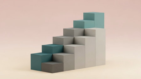 Title: showing title: stacked teal gray and white cubes in minimalist 3d composition. resolution use.の素材