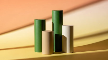 Title: showing title: minimalist arrangement of four cylindrical paper tubes in green gray and white on gradient background. resolution use.の素材