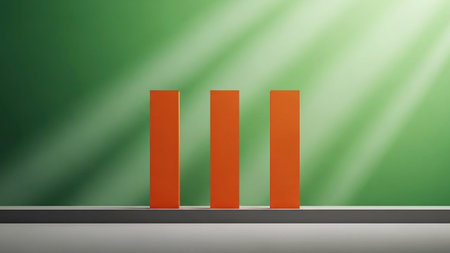 Title: showing title: three orange vertical bars on gradient green background minimalist abstract composition. resolution use.の素材