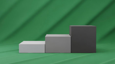 Title: showing title: three monochromatic cubes in gradient shades on bright green background. resolution use.の素材