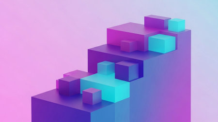 Title: showing title: isometric pastel purple and cyan 3d cubes arranged in step formation with soft shadows. resolution use.の素材