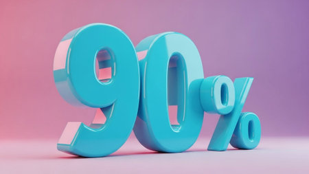 Title: showing title: glossy turquoise threedimensional ninety percent symbol on soft gradient pink background. resolution use.の素材