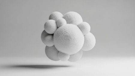 Title: showing title: cluster of soft textured white spheres floating against light gray gradient background. resolution use.の素材