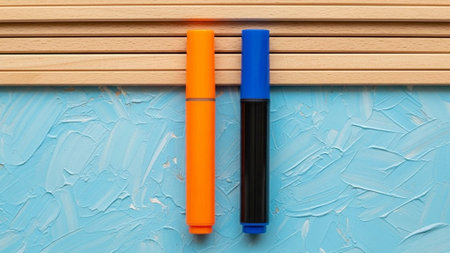 Two markers, one orange and one blue with black body, placed on a textured blue painted surface with wooden slats above them.の素材
