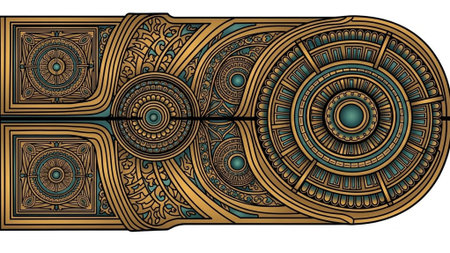 Ornate gold and blue circular and square on a white background. The intricate patterns and shapes with a mix of geometric and symmetricalの素材