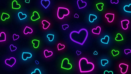 Title: showing title: glowing neon multicolored hearts scattered on dark gradient background. resolution use.の素材