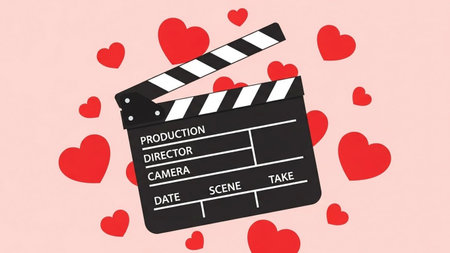 Title: showing title: black clapperboard with red hearts scattered on white background. resolution use.の素材