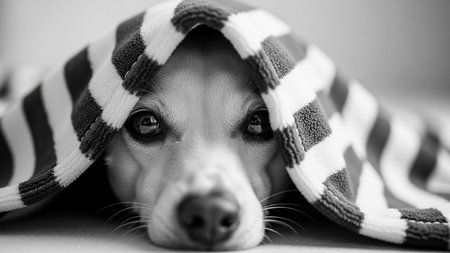 A small dog lies on the floor with its head covered by a black and white striped blanket, looking directly at the camera with big eyes.の素材
