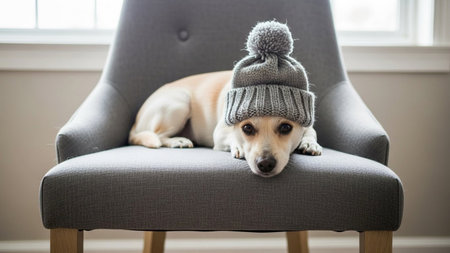 A small tan and white dog wearing a gray knit hat with a pom rests its head on a gray upholstered chair with wooden legs in front of a window with white trim and a beige wall.の素材