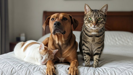 A brown dog and two cats sit on a bed with a white comforter. The dog is in the center, looking forward. A tabby cat stands to the right, looking forward. An orange and white cat sleeps on the...の素材