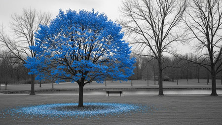A blue tree with blue leaves stands out in a park with a monochrome background, surrounded by bare trees, a bench, and scattered blue petals on the ground.の素材