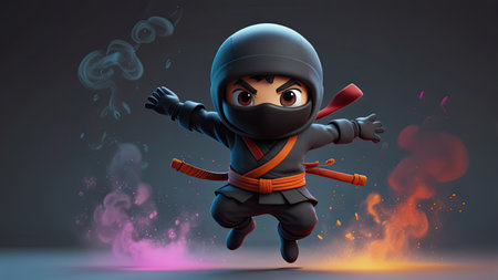 Kung fu master flying with smoke and fire effect 3d illustrationの素材