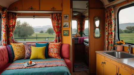Cozy retro camper van interior with colorful bohemian decorの素材