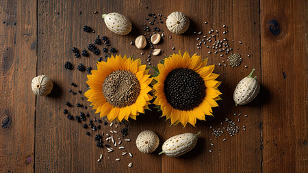 Autumn harvest scene with sunflowers, seeds, and rustic woodの素材