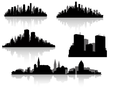 a set of five different vector two-colored city silhouettesのイラスト素材