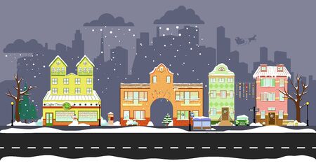 a cute street view with cityscape and silhouette of flying santa on the backgroundのイラスト素材