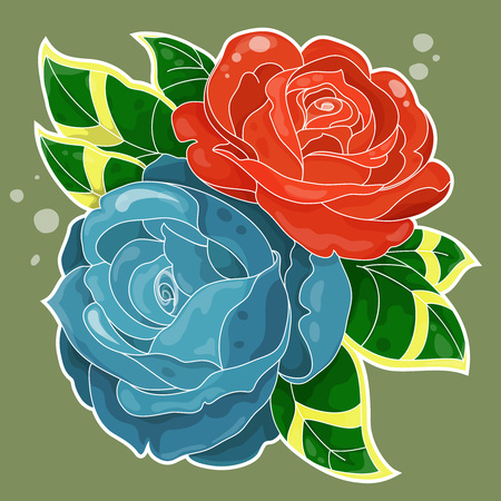 bouquet of two roses with leaves simple colored in old-school styleのイラスト素材