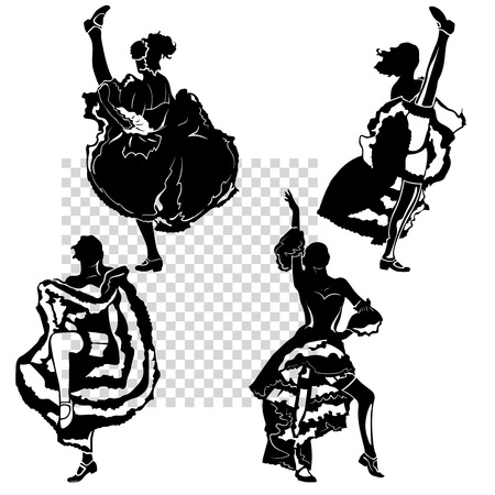 cancan dancers silhouettes set. monochrome illustration, transparent background, isolated figuresのイラスト素材