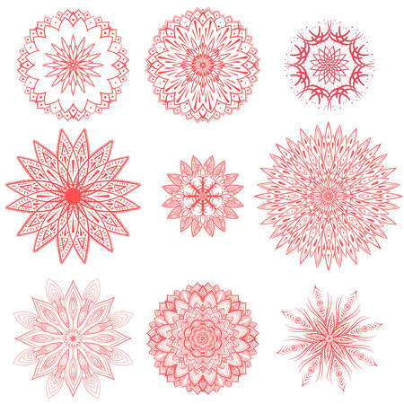 geometric chrysanthemums ornament vector set. Various shapes flower set. Set of nine isolated geometric flowersのイラスト素材
