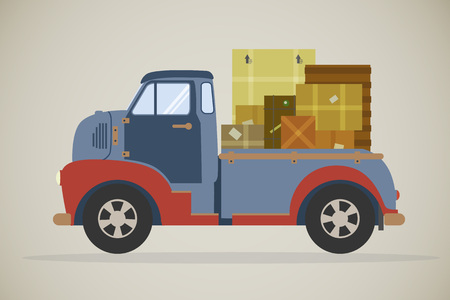 retro illustration of a vintage delivery truck with parcels, viewed from the side. Flat design commercial vehicle, side viewのイラスト素材